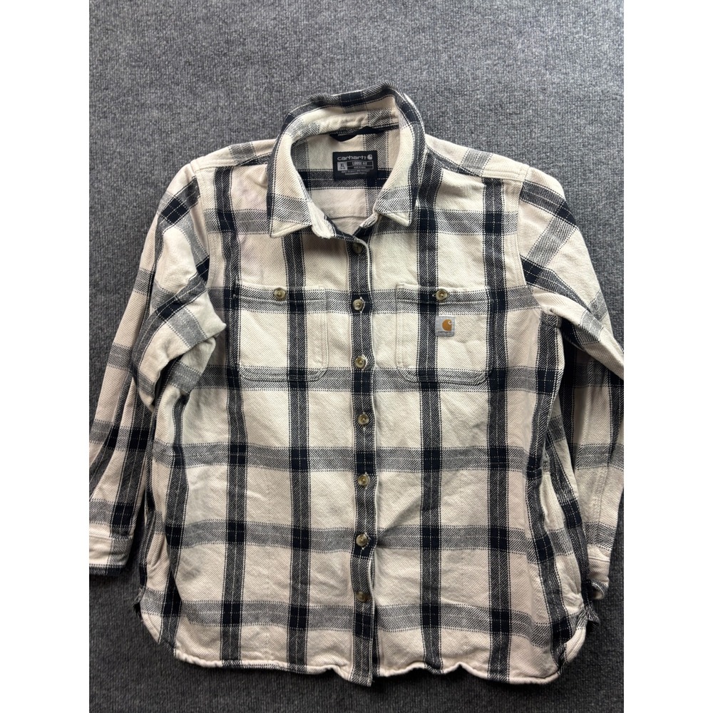 Carhartt Heavy Twill Flannel Shirt Women XL Cream Black Plaid Loose Fit TW5576-W